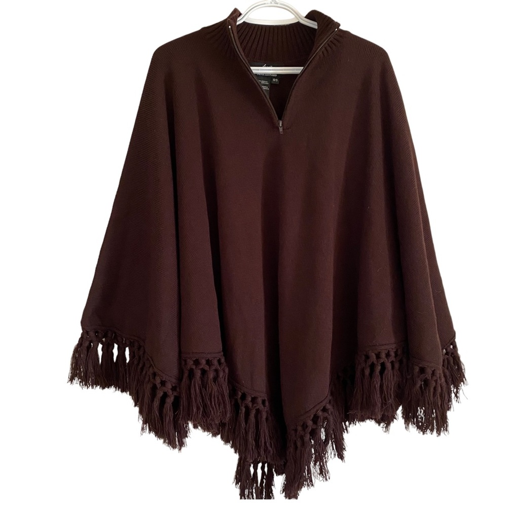 Lennie for Nina Leonard Brown/Maroon Fringe Poncho Women One Size